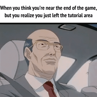 This animated meme features a bald, bespectacled older man in a business suit sitting in a car's passenger seat. He initially has a wide-eyed, stunned expression, and slowly turns his head to the side in growing shock as the realization sinks in: what he believed was the nearing end of a video game was actually just the conclusion of the tutorial section, meaning the vast majority of the game remains unplayed. The caption explaining the gaming scenario repeats to emphasize the relatable, overwhelming feeling of this discovery.