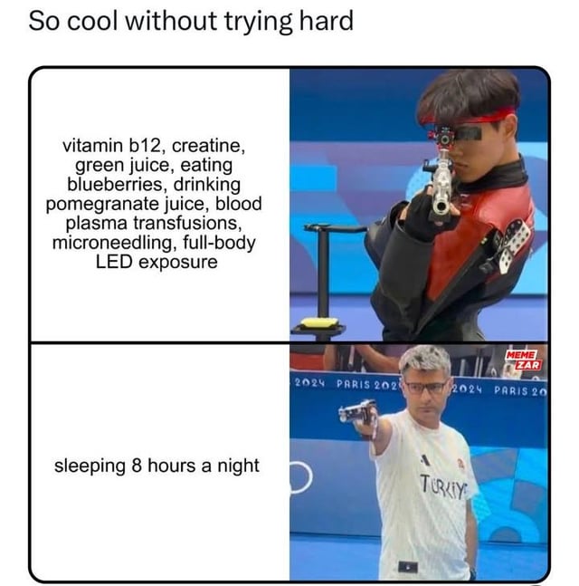 A two-panel comparison meme with the top text 'So cool without trying hard'. The top panel features a person in a professional shooting uniform aiming a rifle, with left text listing elaborate health/wellness practices (vitamin b12, creatine, green juice, blueberries, pomegranate juice, blood plasma transfusions, microneedling, full-body LED exposure). The bottom panel shows a casual person wearing a white 'TURKYY' t-shirt holding a small gun, with left text 'sleeping 8 hours a night'. The meme humorously contrasts overcomplicated efforts vs. simple, minimal actions to achieve success.