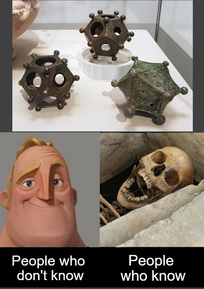 This is a 3-panel meme. The top panel displays three ancient Roman dodecahedrons, mysterious bronze historical artifacts found across Roman-era Europe whose exact intended purpose remains unconfirmed by historians. The bottom left panel features the stretched, uncanny smiling Mr. Incredible meme character labelled 'People who don't know', representing people unaware of the popular running online joke about the dodecahedrons' suspected lewd/intimate use case. The bottom right panel shows a laughing skeleton in a grave labelled 'People who know', implying that Romans who used these artifacts (represented by the skeleton) are amused by modern historians not figuring out their purpose, and people online who are in on the joke understand the punchline.