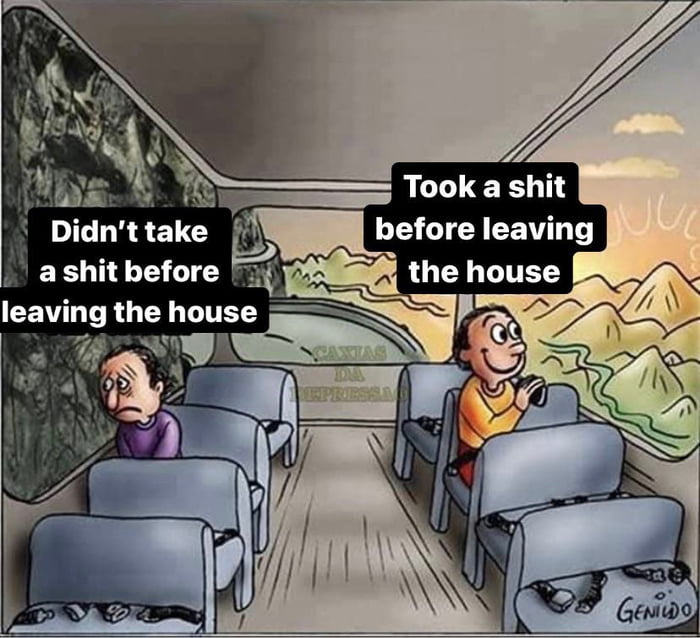 An illustration meme depicting two characters inside a bus or train. The left character appears sad and slumped with the text 'Didn't take a shit before leaving the house' above them, while the right character is happy and upright with the text 'Took a shit before leaving the house' above them. The background features a mountain landscape and a tunnel labeled 'CAXTAS DA EXPRESSÃO'. The illustrator's signature 'GENIUDO' is visible at the bottom right corner. The meme humorously contrasts the emotional states of someone who forgot vs. remembered to use the bathroom before traveling.