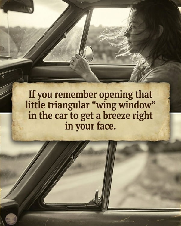 This is a sepia-toned two-part collage nostalgia meme. The top section shows a woman sitting in the passenger seat of an older model car, her hair blowing in the wind as she holds the small triangular vent (wing window) open, looking relaxed and enjoying the breeze. The bottom section is a close-up shot of the same small triangular wing window feature on a vintage car. An aged, parchment-style text box is overlaid across the middle of the collage, describing the shared experience of using these small windows to get direct airflow in cars before air conditioning was standard.