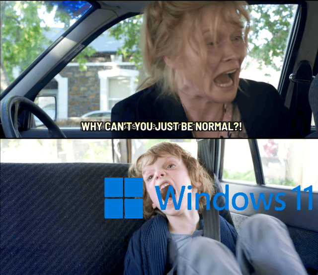 This is a two-panel edited meme using the popular 'Why can't you just be normal' template. The top panel features an angry, frustrated woman sitting in the driver's seat of a car yelling the line 'WHY CAN'T YOU JUST BE NORMAL?!', representing Windows users who are dissatisfied with the operating system. The bottom panel shows an unruly, screaming child sitting in the car's backseat, overlaid with the official Windows 11 logo and the text 'Windows 11' next to it. The joke implies that Windows 11 behaves erratically, has many unpopular, unintuitive changes and performance issues, and fails to live up to user expectations of a normal, reliable operating system, referencing common user complaints about the OS.