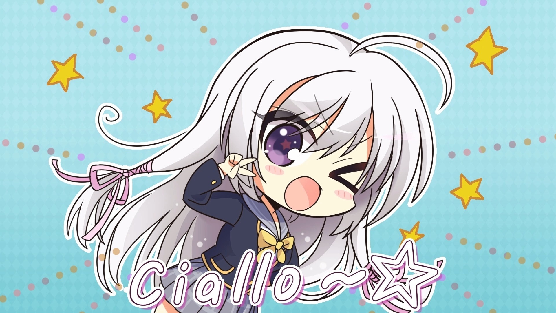 This is a chibi-style fanart illustration featuring Mashiro Amatsume from Yuzusoft's visual novel 'Senren Banka (千恋*万花)' performing the iconic 'Ciallo~☆' greeting. The character has white hair, purple eyes, winks one eye, opens her mouth in a cheerful expression, and waves a hand near her face. The background is light blue with dotted patterns and yellow stars, and the text 'Ciallo~☆' is prominently displayed at the bottom. This artwork remixes the popular 'Ciallo' meme, originally from Yuzusoft's 2016 visual novel 'Witch's Night Party', where the phrase is a playful blend of Italian 'Ciao' and English 'Hello' used as a cute greeting by character Inaba Yui. The meme has gained widespread popularity in the ACG community, even crossing over to Chinese internet due to its phonetic similarity to the Jiangxi dialect phrase meaning 'have eaten'.