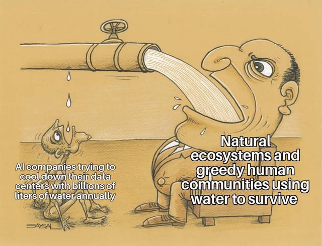 A satirical hand-drawn cartoon depicting a large, exaggerated man with a greedy expression drinking copious amounts of water from a pipe, symbolizing AI companies using billions of liters annually to cool data centers. Below him, a small, withered creature (representing natural ecosystems) lies on the ground, appearing severely dehydrated with tears in its eyes. Left text states 'AI companies trying to cool down their data centers with billions of liters of water annually', while right text reads 'Natural ecosystems and greedy human communities using water to survive'. The brownish-yellow color palette enhances the drought-like atmosphere, emphasizing the contrast between corporate overconsumption and the desperate need of ecosystems/communities. The signature 'BAAL' is visible in the bottom left corner.