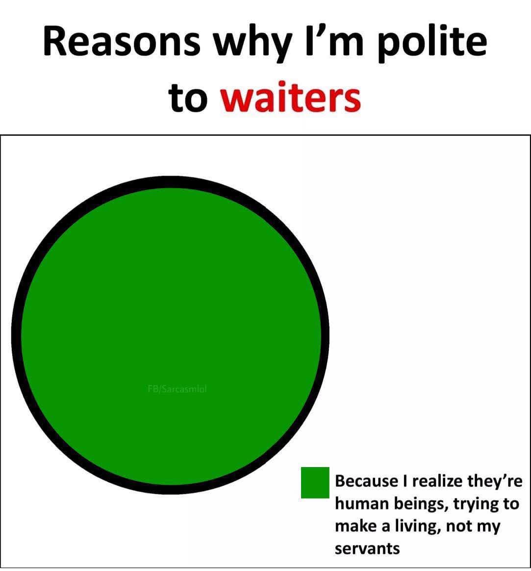 This meme uses a fully filled green pie chart to illustrate all of the reasons someone chooses to be polite to waitstaff. The only labeled reason, which makes up 100% of the chart, reads 'Because I realize they're human beings, trying to make a living, not my servants'. The message conveys that basic respect for service workers is the only necessary justification for polite customer behavior, with no additional reasons required.
