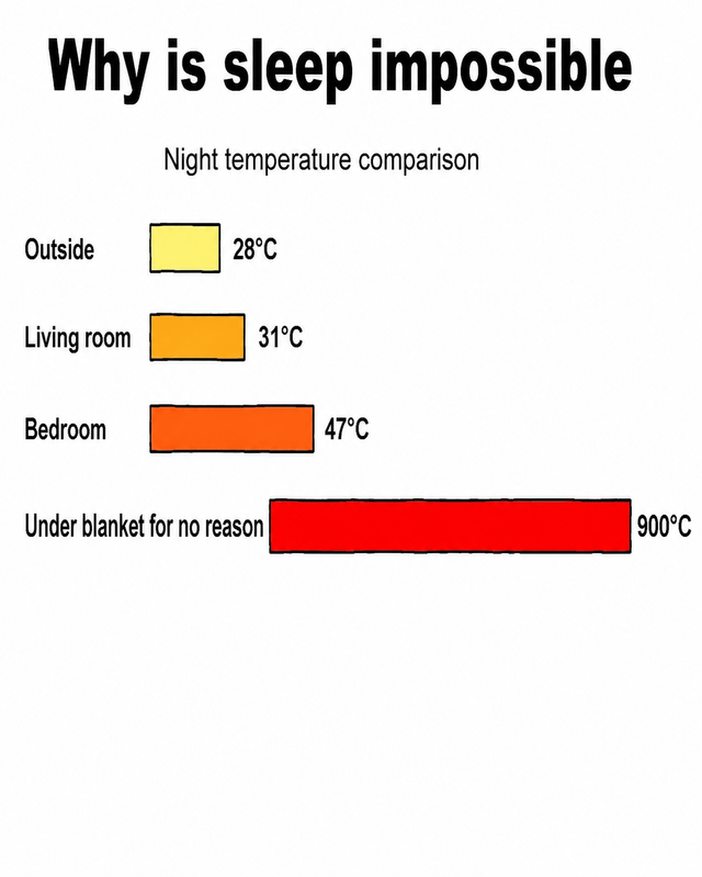 This is a humorous bar chart meme focused on the common struggle of trying to sleep during hot summer nights. The chart is headed with the question 'Why is sleep impossible' under the subheading 'Night temperature comparison'. It lists four locations with increasing, and eventually comically exaggerated, temperatures: the outside temperature is 28°C, the living room is 31°C, the bedroom is 47°C, and the final entry, 'Under blanket for no reason', is labeled as an absurd 900°C. The joke relies on the relatable experience of feeling unpleasantly overheated when tucked under blankets on warm nights, even when the surrounding air temperature is much cooler, making it difficult to fall asleep. The extreme exaggeration of the under-blanket temperature amplifies the humor of this common minor annoyance.