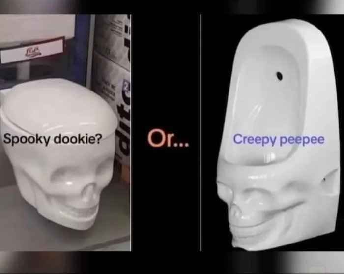 This is a side-by-side comparison meme showing two novelty skull-shaped bathroom fixtures. On the left, a closed toilet bowl is molded into the shape of a human skull, captioned 'Spooky dookie?'. In the center, light orange text reads 'Or...' to separate the two options. On the right, a urinal is also molded into the shape of a human skull, captioned 'Creepy peepee'. The meme uses childish alliterative wording and the uncanny spooky design of the novelty products for crude, silly humor, playing on the purpose of each fixture matching the alliterative spooky adjective.