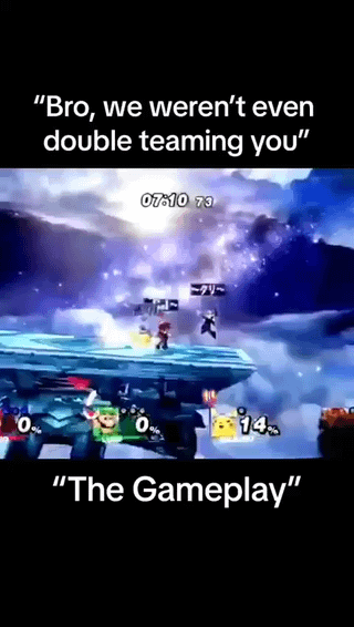 This meme uses a screenshot of Super Smash Bros. gameplay to deliver a sarcastic joke about unfair play in online fighting games. The top text quotes players claiming they were not double teaming a single opponent, while the bottom text labels the visible gameplay that proves the claim is a lie: two opposing fighters are at 0% damage (meaning they have not been hit at all) while the Pikachu fighter they are both attacking is already at 14% damage, clearly showing they were ganging up on the single player. The scene takes place on a standard sky-themed Smash Bros. battle stage, with the match timer visible at the top of the gameplay frame.