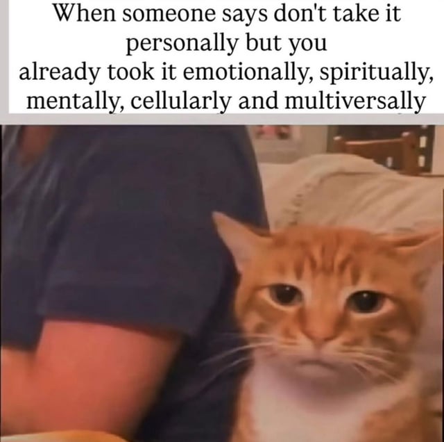 This is a relatable animal meme that pairs a candid photo of a sad, wide-eyed orange tabby cat with humorous top text that jokes about overreacting to comments. The text reads 'When someone says don't take it personally but you already took it emotionally, spiritually, mentally, cellularly and multiversally', exaggerating how easily many people internalize offhand negative comments. The cat's downbeat, upset expression perfectly matches the over-the-top feeling of having already taken the comment to heart on every possible level.