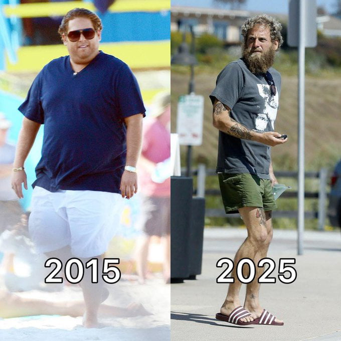 A split-image meme featuring two side-by-side photographs labeled '2015' (left) and '2025' (right). The left image shows a heavier individual wearing a navy blue t-shirt and white shorts standing outdoors in a bright, possibly beach or park setting with blurred people in the background. The right image shows a slimmer individual with visible tattoos on their arms, wearing a gray t-shirt with a white graphic, green shorts, and flip-flops, holding a phone while standing on a paved area with a sign and greenery in the background. The meme humorously implies a dramatic weight loss transformation over a decade, referencing Ozempic (a weight loss medication) through its original title, suggesting the drug as the cause of the change.