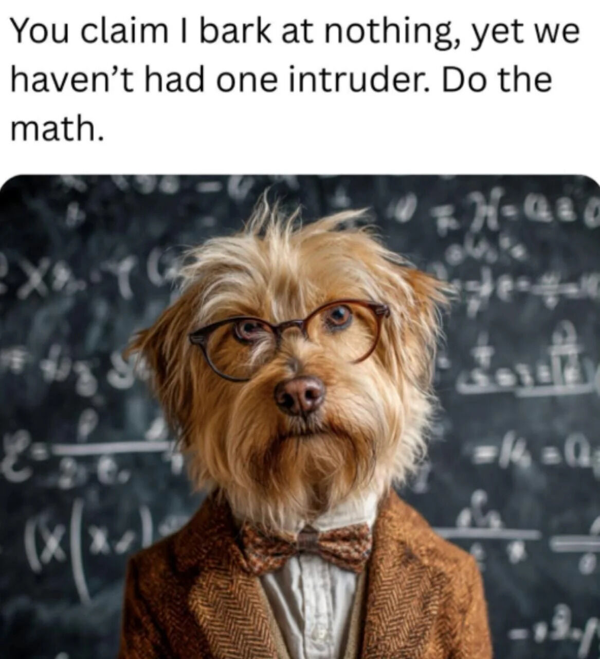 An image featuring a small dog with shaggy light brown fur wearing round glasses and a tweed jacket with a bowtie, standing in front of a blackboard covered with mathematical equations. The dog has an intelligent, serious expression. Above the dog is text that reads: 'You claim I bark at nothing, yet we haven't had one intruder. Do the math.' The meme humorously suggests that the dog's barking is actually an effective deterrent against intruders, using a playful logical argument.