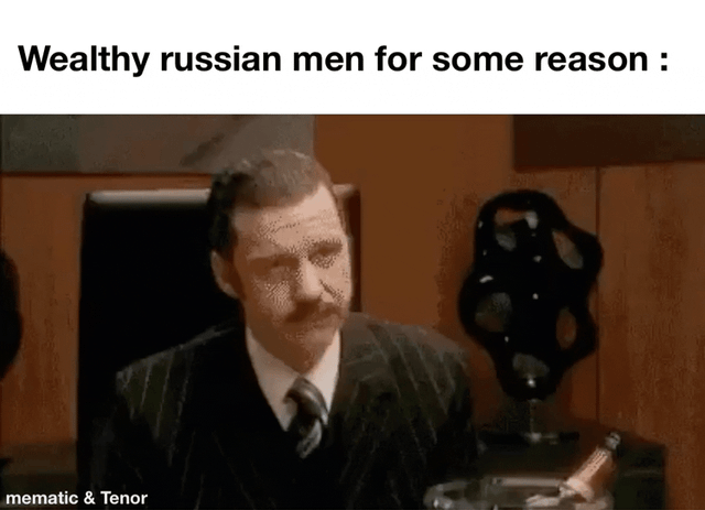 A four-panel GIF meme depicting a formal meeting in a conference room with large windows. Each panel features the text 'Wealthy russian men for some reason :' at the top. In the scene, several people in business suits are seated around a table, engaged in discussion. A man in a suit stands by the window, and in subsequent frames, he appears to climb out of the window while the others remain focused on the meeting, seemingly oblivious to his unusual action. The sequence humorously satirizes the behavior of wealthy Russian men through the absurdity of the man exiting the window during a serious meeting.