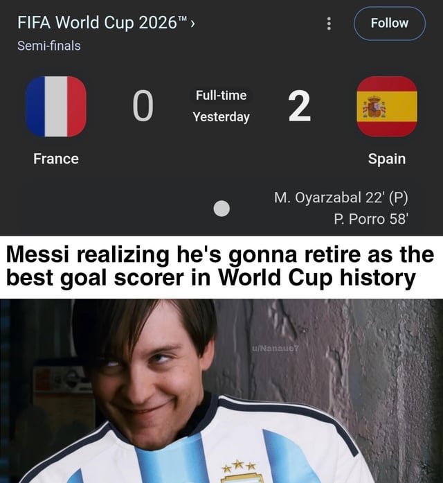 This meme consists of two sections. The top section is a hypothetical 2026 FIFA World Cup semi-final scoreboard showing France lost 0-2 to Spain at full time, with goals credited to M. Oyarzabal and P. Porro. Below the scoreboard, text reads 'Messi realizing he's gonna retire as the best goal scorer in World Cup history', followed by an edited image of Tobey Maguire's iconic smug smirk from the 2002 Spider-Man film, edited to wear an Argentina national football team jersey. The joke references Kylian Mbappé, France's star striker who was on track to potentially overtake Lionel Messi's all-time World Cup goal scoring record; with France eliminated from the 2026 World Cup, Messi's record will remain unbroken when he retires, hence the smug, self-satisfied expression.