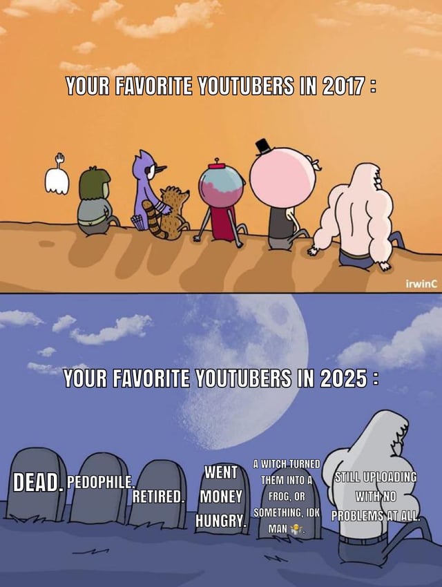A two-panel cartoon meme comparing the state of 'favorite YouTubers' in 2017 and 2025. The top panel (2017) shows six diverse cartoon characters sitting casually on a hill under an orange sky, suggesting a vibrant, active era. The bottom panel (2025) depicts a dark, moonlit scene with five gravestones labeled with negative fates: 'DEAD.', 'PEDOPHILE.', 'RETIRED.', 'WENT MONEY HUNGRY.', and 'A WITCH TURNED THEM INTO A FROG, OR SOMETHING, IDK MAN.' A single character stands beside the gravestones with the caption 'STILL UPLOADING WITH NO PROBLEMS AT ALL.', implying most YouTubers faced downfalls while one remains unscathed.