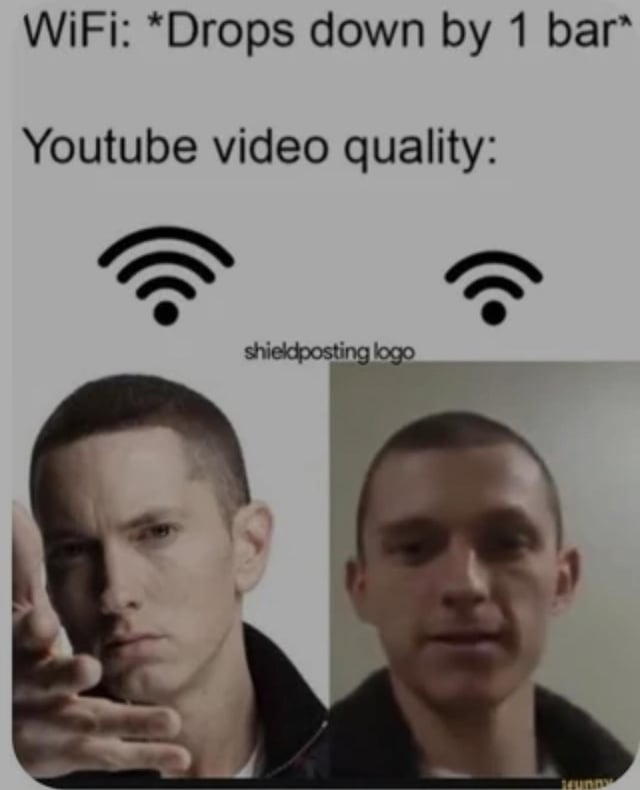 A meme humorously depicting the exaggerated impact of a minor WiFi signal drop on YouTube video quality. The top section contains text: 'WiFi: *Drops down by 1 bar* YouTube video quality:' followed by two WiFi icons. Below is a split image of a real person: the left side shows a sharp, clear photo of the person with a serious expression pointing forward, while the right side is heavily blurred, mimicking low video quality. The joke highlights the common frustration where a small decrease in WiFi signal leads to a drastic reduction in streaming quality.