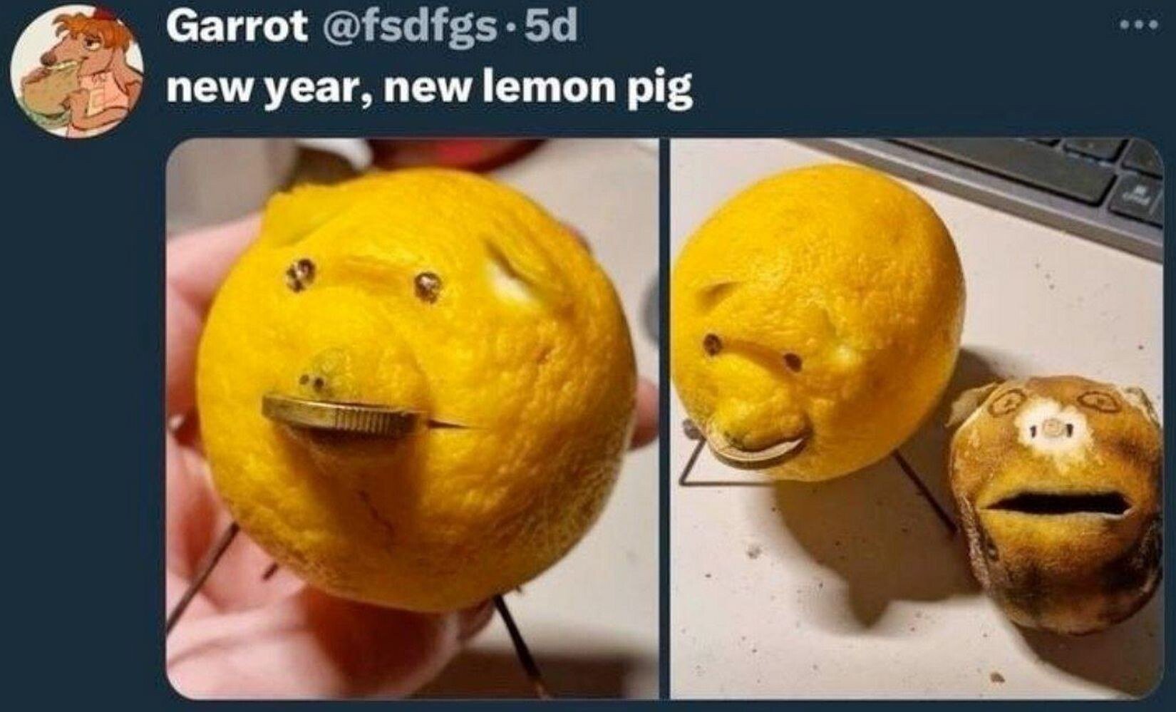 A tweet from X.com user Garrot (@fsdfigs) featuring two photos of carved lemons. The left photo shows a bright yellow lemon carved to resemble a pig with small eyes, a snout, and a coin placed in its mouth, held by a hand. The right photo shows the same lemon pig placed on a surface next to a more worn, brownish carved fruit (possibly another lemon or a different fruit), with a keyboard visible in the background. The tweet text reads 'new year, new lemon pig,' suggesting a playful, seasonal creation for the new year.