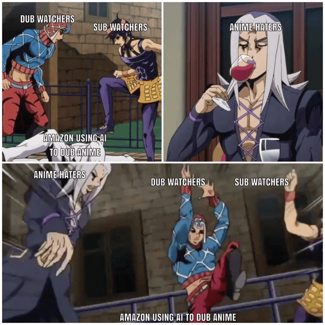 A meme composed of multiple animated frames depicting a conflict between three groups: 'DUB WATCHERS', 'SUB WATCHERS', and 'ANIME HATERS'. The central text 'AMAZON USING AI TO DUB ANIME' suggests a satirical take on Amazon's use of AI for anime dubbing, showing the groups reacting dynamically, likely in a confrontational or surprised manner, referencing the ongoing debate between anime dub and sub preferences.