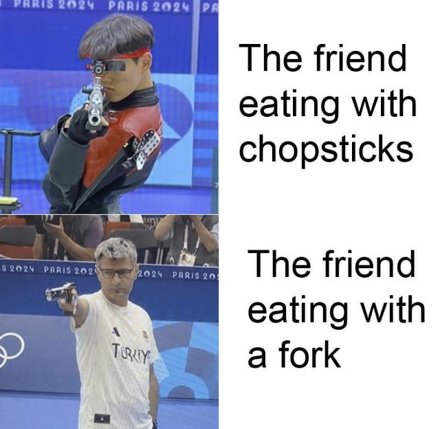 A two-panel comparison meme using screenshots from the Paris 2024 Olympics shooting event. The top panel features a shooter in professional red and black gear with goggles, aiming a rifle, captioned 'The friend eating with chopsticks'—implying the precision and skill often stereotypically associated with chopstick use. The bottom panel shows a person in a casual 'TURKIYE' shirt pointing a gun loosely, captioned 'The friend eating with a fork'—suggesting the more relaxed nature of using a fork. The original title 'And then there is always eating with bare hands' hints at an unshown, humorous third scenario, reinforcing the lighthearted take on utensil stereotypes in everyday dining.