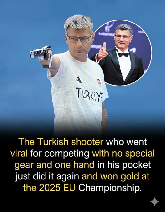 The image features a Turkish shooter in two contexts: the main frame shows him wearing a white shirt with 'TÜRKİYE' printed on it, pointing a gun with a focused expression, likely during a competition. An inset circular photo in the top right corner displays the same man in a formal black tuxedo giving a thumbs-up gesture, suggesting a celebratory moment. Below the main image, text explains his viral fame for competing with minimal gear (no special equipment) and one hand in his pocket, followed by his repeat success winning gold at the 2025 EU Championship.