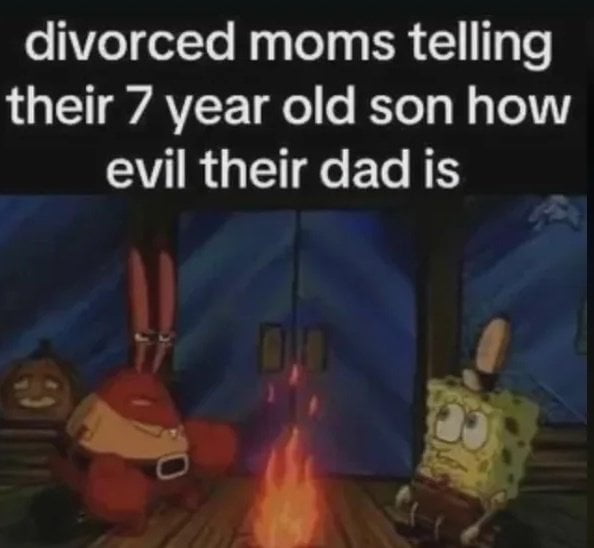 This meme uses a classic campfire scene from the animated show SpongeBob SquarePants, where Mr. Krabs is positioned as a divorced mother telling a story, and SpongeBob is positioned as her 7 year old son. The overlaid text reads 'divorced moms telling their 7 year old son how evil their dad is', humorously poking fun at the common and widely criticized trope of separated parents badmouthing their former partner to young, impressionable children. The visual of Mr. Krabs looking dramatic while telling the story, paired with SpongeBob's wide-eyed, uneasy expression, perfectly illustrates the dynamic of the adult sharing negative, possibly exaggerated information with a young child who absorbs it seriously.