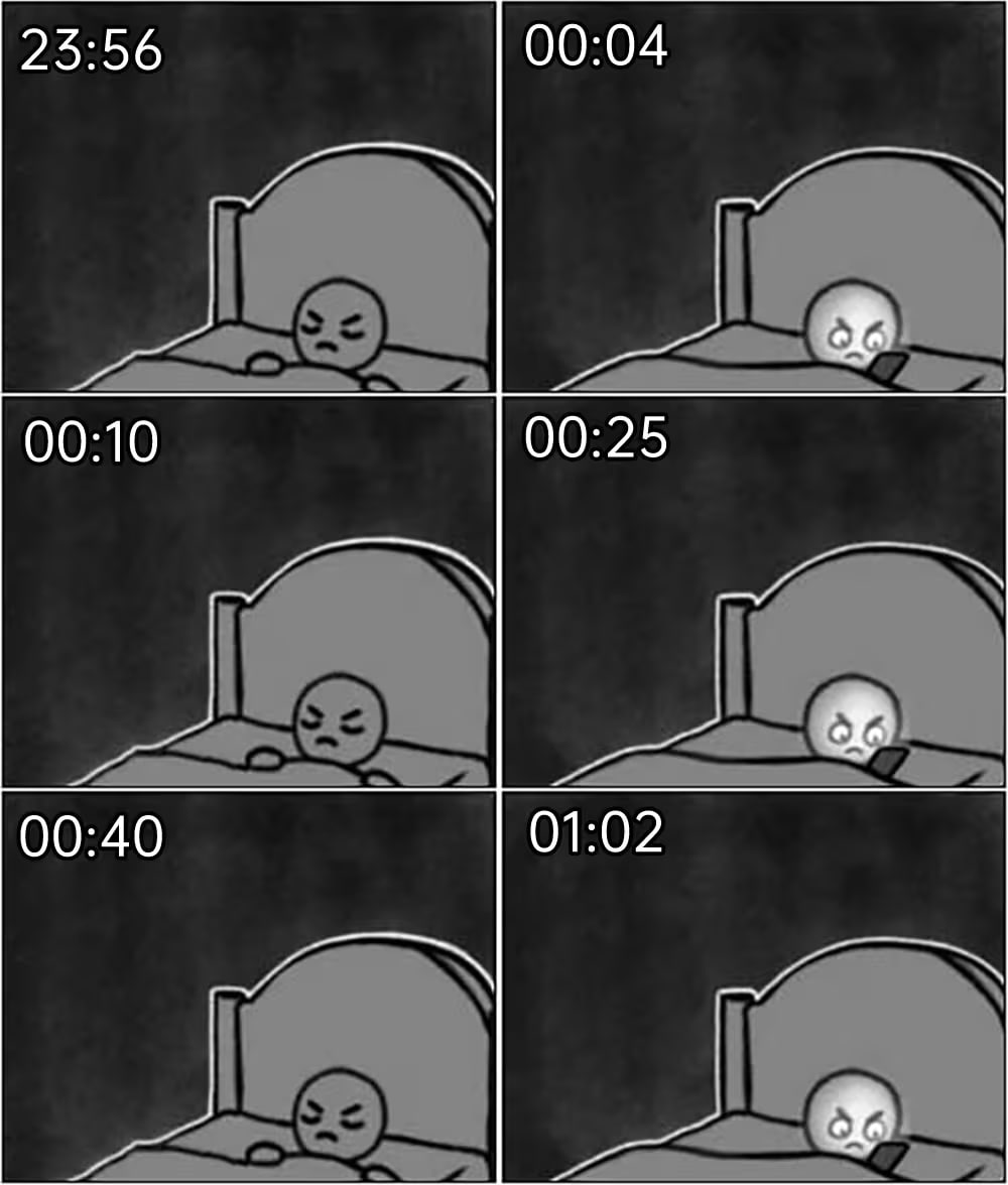 A six-panel comic strip depicting a simple animated character struggling to sleep. The panels are arranged in a 2x3 grid with timestamps progressing from 23:56 to 01:02. The character, a round-headed figure with a frustrated expression, is shown lying in bed, attempting to sleep, then repeatedly picking up and looking at a phone, highlighting the common struggle of bedtime phone addiction disrupting sleep.