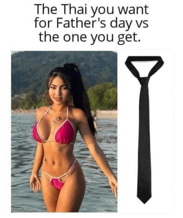 This is a classic expectation vs reality format meme centered around a homophone pun. The text at the top states "The Thai you want for Father's day vs the one you get.". The left panel (the "want" part) shows an attractive woman of Thai descent wearing a pink bikini standing in shallow beach ocean water, representing the desirable fantasy associated with the term "Thai". The right panel (the "get" part) shows a simple black necktie, leaning into the pun that the word "tie" is pronounced identically to "Thai", as neckties are a common, mundane gift given for Father's Day. The comedy comes from the stark contrast between the sexualized fantasy and the boring real gift, paired with the wordplay.