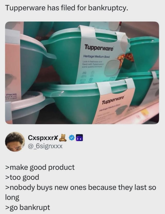 A Reddit meme humorously commenting on Tupperware's bankruptcy. The top section displays the text 'Tupperware has filed for bankruptcy.' Below this, there is a photograph of stacked green Tupperware 'Heritage Medium Bowl' containers with visible product labels. Under the image, a user comment (from @_6signxxx) provides a satirical explanation: '>make good product >too good >nobody buys new ones because they last so long >go bankrupt.' The meme plays on the irony of a company failing due to producing excessively durable products that eliminate repeat purchases, highlighting the paradox of product longevity in consumer goods markets.