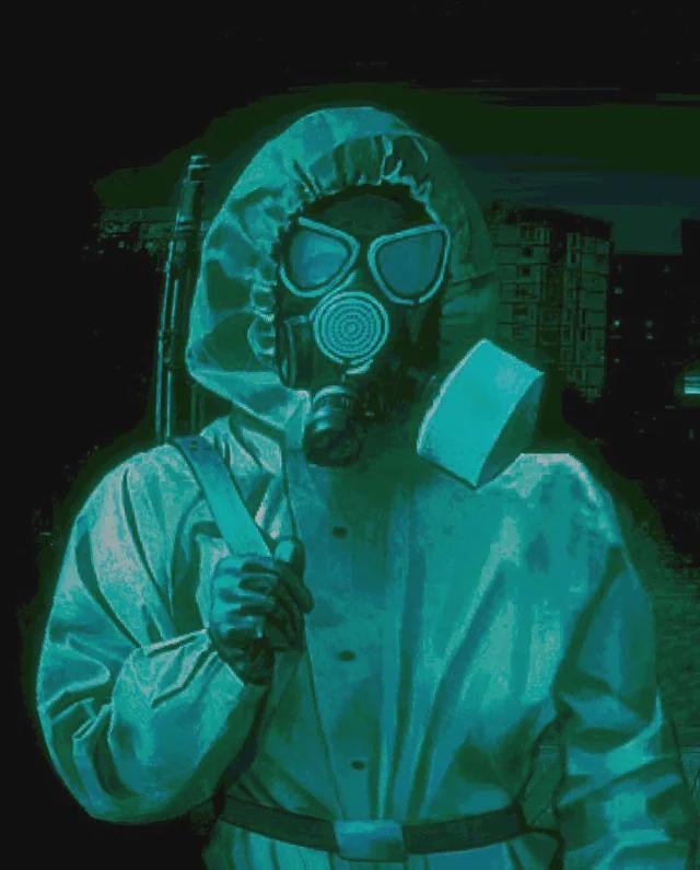 The image features a dark, teal-tinted photograph of a person clad in a full protective hazmat suit with the hood up, wearing a full-face gas mask that obscures their features. The person is holding a hand axe propped on one shoulder, while a long gun is slung over their opposite shoulder. The background shows a dim, dark urban cityscape with multi-story residential buildings visible at night. The meme is intended as a dark humorous take on the current state of Europe, implying that the region's situation is so dire, apocalyptic, or hazardous that people require full protective gear and weapons to exist there.