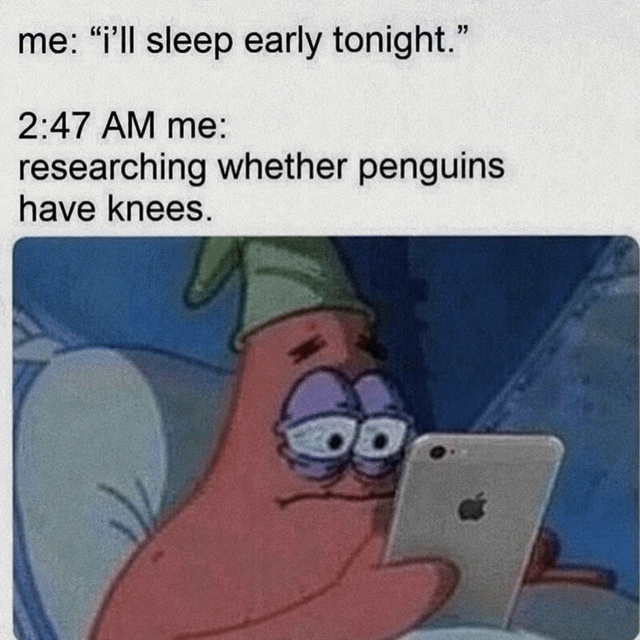 This relatable meme pairs text with an edited screenshot of Patrick Star from the animated series SpongeBob SquarePants. The top text describes a common everyday scenario: a person makes a plan to go to sleep early at night, but by 2:47 AM they are still awake, wasting time looking up completely trivial, irrelevant information like whether penguins have knees. The accompanying image shows Patrick lying propped up in bed with extremely tired, bleary, half-closed eyes, glued to the screen of an iPhone he is holding, perfectly visualizing the experience of being unable to stick to a sleep schedule and getting distracted by random low-stakes internet content late at night.
