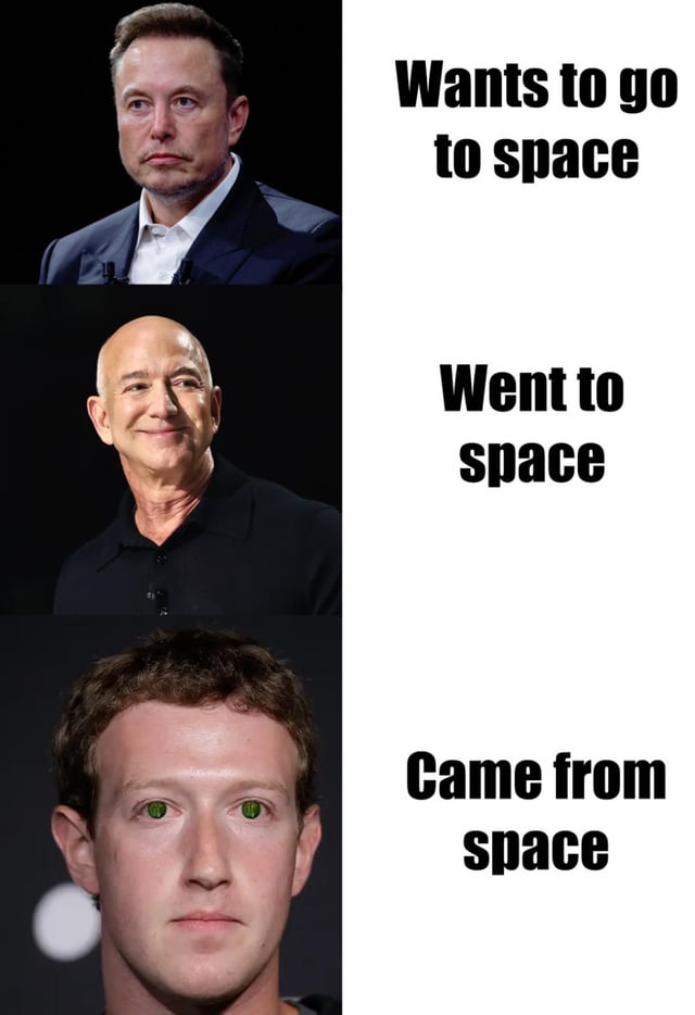 This is a three-panel vertical collage meme featuring three high-profile billionaires, each paired with a humorous, space-related caption that builds a comedic tiered narrative:
1. **Top Panel**: A photo of Elon Musk (CEO of SpaceX and Tesla) with the caption "Wants to go to space" — referencing his well-documented public goal of colonizing Mars through SpaceX, though he had not traveled to space himself at the time of the meme's circulation.
2. **Middle Panel**: A photo of Jeff Bezos (founder of Amazon and Blue Origin) with the caption "Went to space" — referencing his July 2021 suborbital space flight aboard Blue Origin's New Shepard rocket.
3. **Bottom Panel**: A photo of Mark Zuckerberg (CEO of Meta) with digitally edited glowing green eyes, paired with the caption "Came from space" — this is a playful, long-running internet joke that mocks Zuckerberg's often stiff, robotic public demeanor, implying he is not human, but an alien from another world. The edited eyes amplify the punchline by giving him an otherworldly, non-human appearance.
