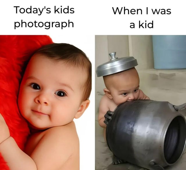 A two-panel meme comparing baby photography styles. The left panel, labeled 'Today's kids photograph,' shows a baby lying on a soft red blanket, smiling directly at the camera with a clear, well-composed, and visually appealing shot. The right panel, labeled 'When I was a kid,' features a baby (likely intended to represent the meme creator as a child) with a metal pot balanced on their head, holding the pot with both hands, in a more candid, chaotic, and playful场景. The humor stems from the contrast between polished, curated modern baby photos and the unfiltered, humorous candid shots parents often captured in the past, as implied by the original title 'My parents really captured my best angles.'