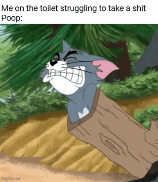 A looping animated meme featuring Tom from the 'Tom and Jerry' cartoon series. Tom is depicted stuck in a wooden log, displaying an angry and frustrated expression with gritted teeth, straining as if struggling to free himself. Overlaid text reads 'Me on the toilet struggling to take a shit Poop:', humorously equating Tom's physical struggle to push out of the log with the relatable experience of struggling to defecate. The animation repeats, emphasizing the ongoing, comedic struggle.