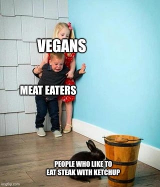 This meme uses a widely recognized stock photo template of a young girl holding back a visibly terrified, crying young boy as both stare at a small black rabbit sitting on the floor next to a wooden bucket. Three text labels are overlaid on the image: the girl is labeled 'VEGANS', the crying boy is labeled 'MEAT EATERS', and the rabbit is labeled 'PEOPLE WHO LIKE TO EAT STEAK WITH KETCHUP'. The humorous core of the meme plays on the common rivalry and disagreement between vegan and meat-eating populations, pointing out that both groups are near-universally united in judging the widely frowned-upon practice of eating steak with ketchup as unacceptable, giving them unexpected shared ground.