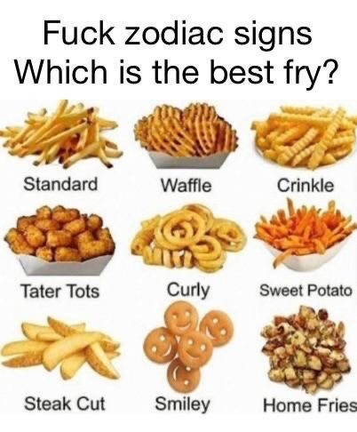 This meme uses the popular 'fuck zodiac signs' format to dismiss the common casual online debate about astrological signs, replacing it with a more relatable, lighthearted debate about the best variety of fried potato dish. A 3x3 grid displays 9 different types of fried potatoes, each clearly labeled: Standard straight-cut fries, Waffle fries, Crinkle cut fries, Tater Tots, Curly fries, Sweet Potato fries, Steak Cut fries, Smiley face fries, and Home Fries. The joke hinges on the idea that a person's preference for fry type is a far more meaningful and relevant personality marker than their zodiac sign for many internet users, inviting viewers to share their favorite option.