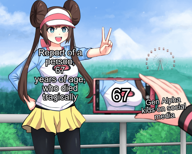 An animated illustration featuring a cheerful young female character with brown pigtails, a white visor, a blue long-sleeve shirt, and a yellow skirt, making a peace sign with her right hand. To the right, a hand holds a smartphone capturing a photo of the character; the phone's screen displays a close-up of the character's chest with the number '67' printed on her shirt. Overlaid text on the left reads: 'Report of a person, 67 years of age, who died tragically.' Text on the right, near the phone, reads: 'Gen Alpha kids on social media.' The background includes a Ferris wheel and green, forested hills under a blue sky. The meme critiques Gen Alpha's tendency to trivialize or misrepresent serious news (in this case, the tragic death of a 67-year-old) on social media by framing it as a lighthearted image of a young person with '67' as a fashion statement.