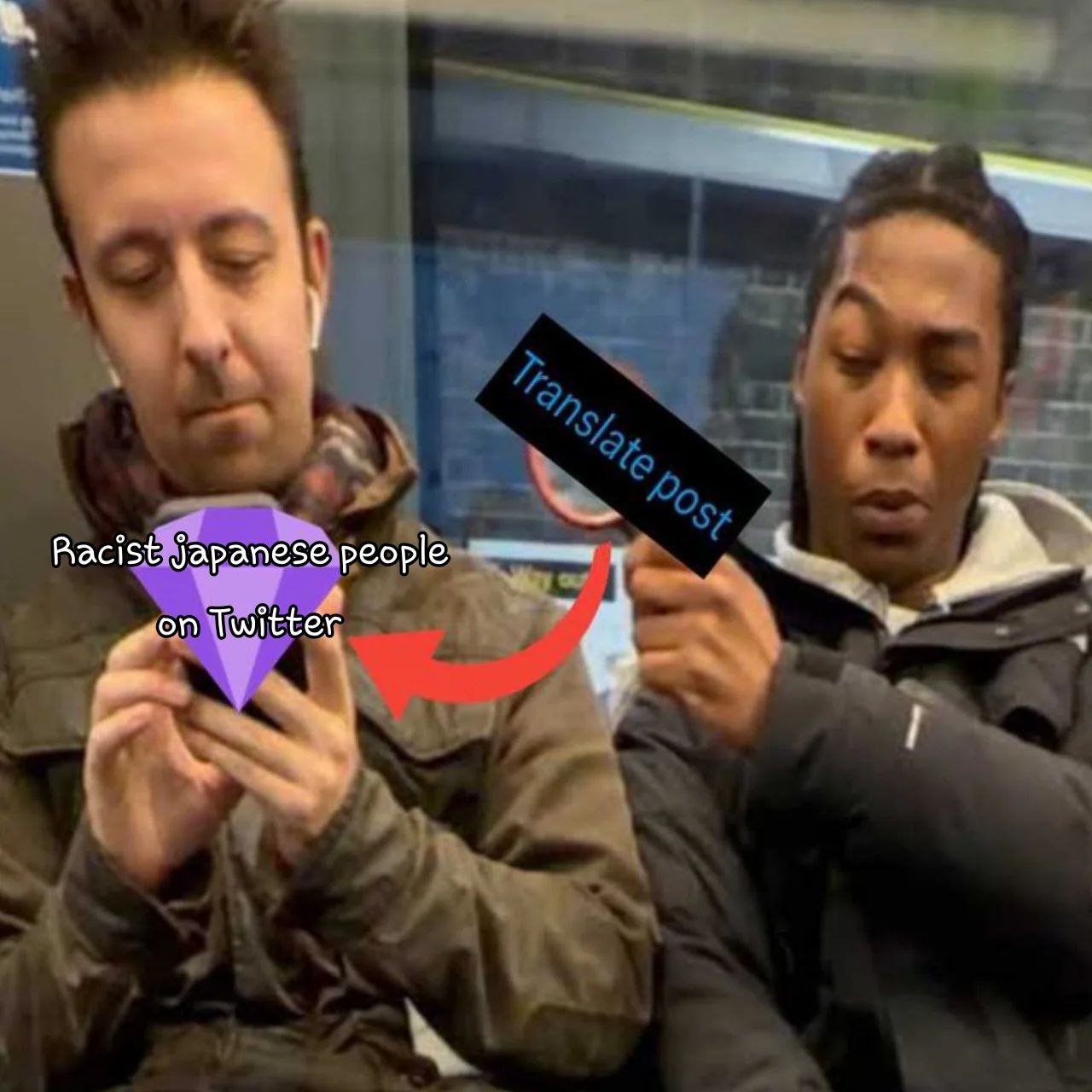 This edited meme uses a popular candid photo template of two men sitting next to each other on public transit to joke about a common occurrence on X/Twitter. The man on the left, focused on his phone, is labeled to represent 'Racist Japanese people on Twitter', marked with a purple chat-style diamond. The man on the right holds up his phone labeled 'Translate post' pointing toward the left man's phone, with a red arrow reinforcing the connection. The joke references how non-Japanese speaking users on Twitter use the platform's built-in translate feature to read and expose problematic/racist posts originally written in Japanese that would otherwise be unreadable to them.