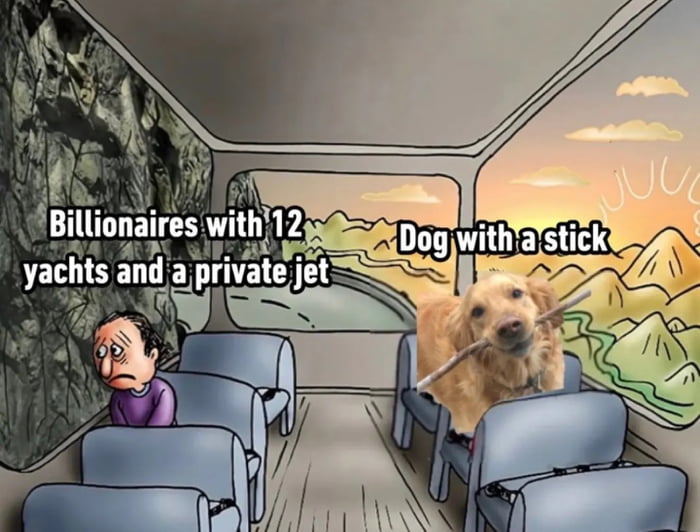 The meme is set inside a hand-drawn cartoon train carriage. On the left side, a glum, dejected cartoon man sits next to a window showing a dark, gloomy rocky cliff view, with text above him labeling him as a billionaire with 12 yachts and a private jet. On the right side, a photograph of a happy golden retriever holding a stick in its mouth is edited into a train seat, next to a window with a bright, cheerful sunset over mountain scenery, with text above the dog reading 'Dog with a stick'. The core humorous point is a contrast implying that simple, small, uncomplicated joys bring more genuine happiness than extreme wealth and expensive luxury possessions.