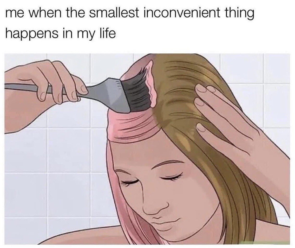 The meme features text at the top that reads 'me when the smallest inconvenient thing happens in my life', paired with an illustration of a calm young woman sitting in a salon as a stylist applies pink hair dye to the front half of her blonde hair. The joke plays on the widely relatable experience of making impulsive, drastically disproportionate decisions in response to extremely trivial, minor inconveniences in daily life.