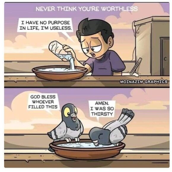This is a 2-panel wholesome digital comic set on a rooftop during sunset. The first panel features a dejected young man pouring water from a plastic bottle into a wide bowl, saying 'I HAVE NO PURPOSE IN LIFE, I'M USELESS' while a header at the top of the comic reads 'NEVER THINK YOU'RE WORTHLESS'. The second panel cuts to two pigeons interacting with the same bowl of water: one pigeon stands on the edge of the bowl saying 'GOD BLESS WHOEVER FILLED THIS', while the other pigeon drinks from the bowl and replies 'AMEN. I WAS SO THIRSTY'. The comic carries a heartwarming message that even when people feel they have no value or purpose, their small, kind acts can be of immense help to others, giving their life meaningful impact they may not even be aware of.