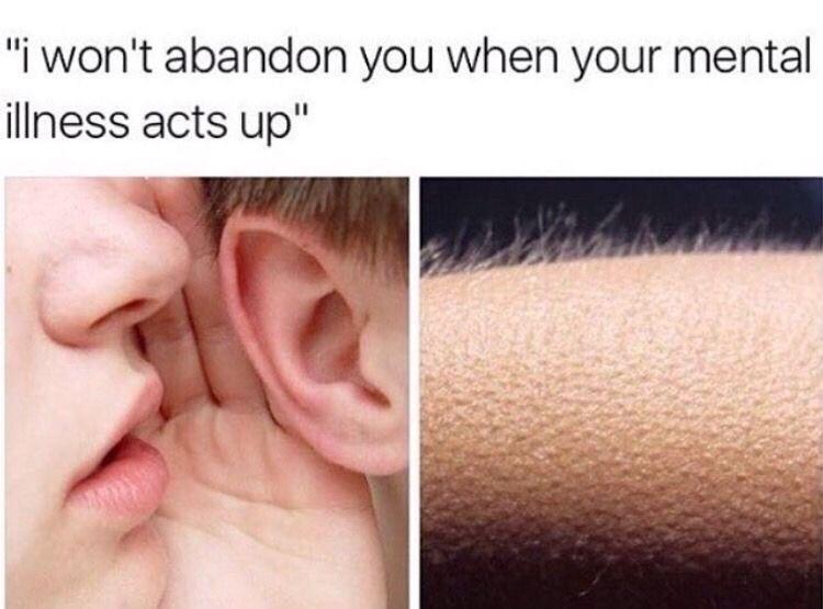 This two-panel relatable meme plays on the emotional experience of someone with mental illness hearing a promise that they won't be abandoned when their symptoms flare. The left panel shows a close-up of one person whispering into another person's ear, representing someone saying the promise line at the top of the image. The right panel shows a close-up of a human arm covered in raised goosebumps, representing the overwhelming, emotional reaction of hearing this genuine promise after being abandoned by others in the past during difficult mental health episodes.