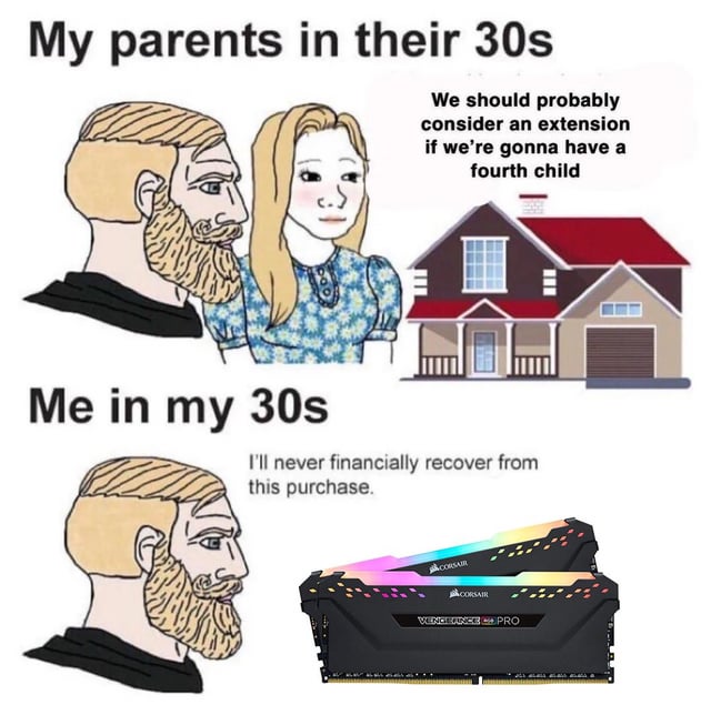A two-panel comparison meme contrasting financial priorities between parents in their 30s and the creator in their 30s. The top panel, labeled 'My parents in their 30s,' features a bearded man and a woman with blonde hair standing next to a house. A text bubble from the parents reads, 'We should probably consider an extension if we're gonna have a fourth child,' highlighting their focus on expanding their home for a growing family. The bottom panel, labeled 'Me in my 30s,' shows the same bearded man (now older) with a defeated expression next to RGB-lit Corsair Vengeance LPX PRO RAM modules. His text reads, 'I'll never financially recover from this purchase,' humorously contrasting parental financial responsibility with the creator's overspending on tech hardware.