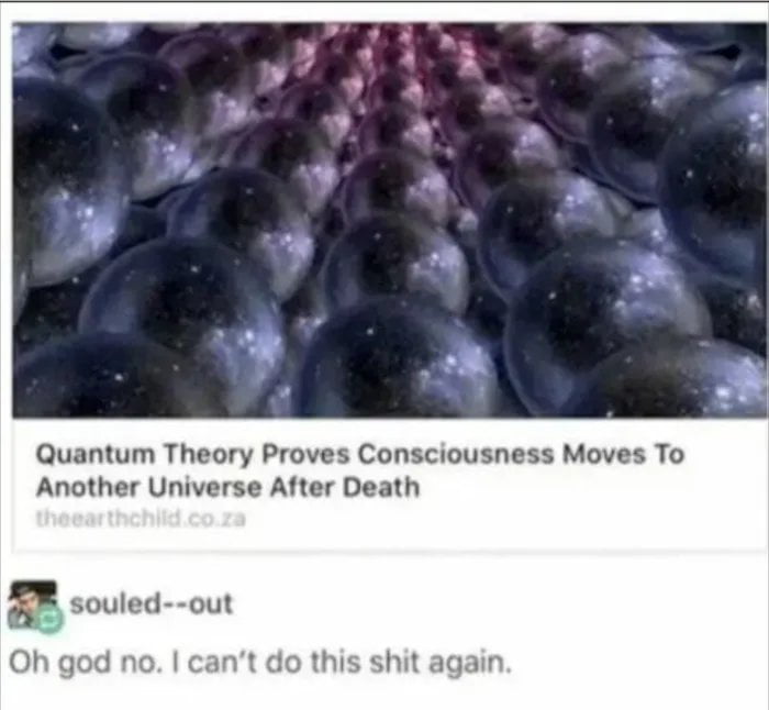 The image features a top visual element of numerous dark, spherical objects with a cosmic or space-like texture, resembling bubbles or celestial bodies. Below this visual is a headline stating 'Quantum Theory Proves Consciousness Moves To Another Universe After Death' accompanied by the source link 'theearthchild.co.za'. Beneath the headline, there is a user comment from 'souled--out' that reads 'Oh god no. I can't do this shit again,' which appears to be a sarcastic or frustrated reaction to the sensationalist claim in the headline.