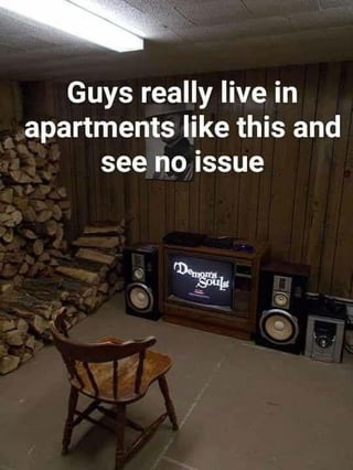 The image depicts a sparse, unfinished basement or apartment room with wood paneled walls, a large stack of cut firewood piled against the left wall, a single simple wooden chair placed facing an old CRT television. The TV is displaying the title screen of the game *Demon's Souls*, flanked by two large stereo speakers. White overlaid text across the upper part of the image reads "Guys really live in apartments like this and see no issue". The joke relies on the common cultural stereotype that many men are perfectly satisfied with extremely minimal, utilitarian, un-decorated living spaces as long as they have a working entertainment/gaming setup, even if the space looks uninviting or unfinished to others.