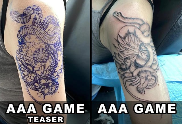 A two-panel comparison meme. The left panel displays a highly detailed, intricate snake tattoo with elaborate patterns, shading, and complex design elements, labeled 'AAA GAME TEASER'. The right panel shows a much simpler, less detailed version of the same snake tattoo with minimal shading, fewer details, and reduced complexity, also labeled 'AAA GAME TEASER'. The meme humorously critiques the common trend in the gaming industry where AAA game teasers (promotional materials) are polished and visually impressive, while the actual released game often appears less refined or detailed by comparison.