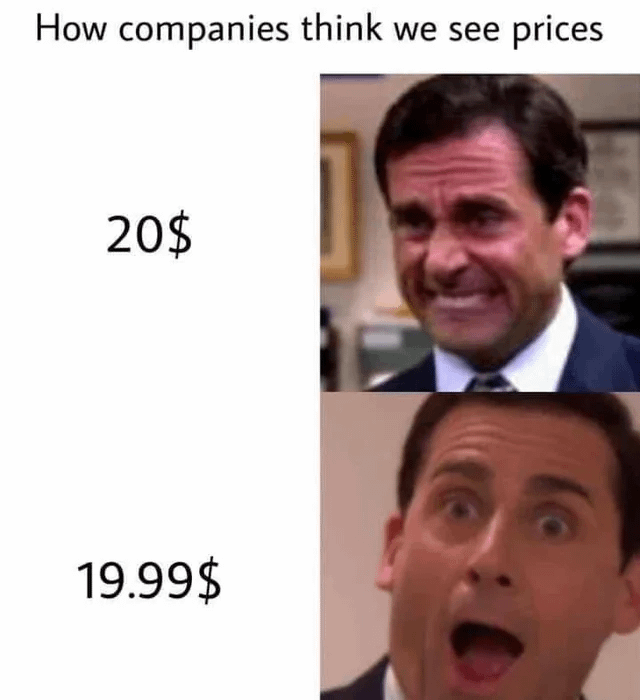 A two-panel meme comparing consumer reactions to prices as perceived by companies. The top section displays the text '20$' alongside a close-up image of Michael Scott (from The Office) making an angry and displeased facial expression, implying companies believe consumers view $20 as expensive. The bottom section shows '19.99$' with Michael Scott looking shocked and excited, humorously suggesting companies think consumers perceive $19.99 as significantly cheaper than $20 despite the minimal 1-cent difference.
