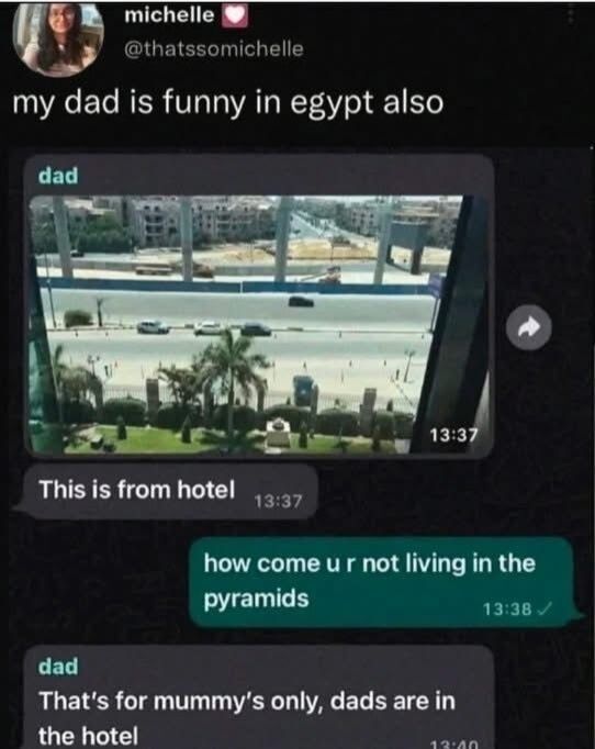 This image is a screenshot of an X (Twitter) post from user @thatssomichelle. The post shows a funny text exchange between the poster and her father, who is traveling in Egypt. The dad first sends a photo of the view from his hotel room, explaining the picture is taken from the hotel. The poster jokingly asks why he is not staying in the pyramids. The dad replies with a corny pun: "That's for mummy's only, dads are in the hotel", playing on the double definition of "mummy" -- both a common colloquial term for mother, and the preserved ancient Egyptian dead that are famously buried in pyramids.