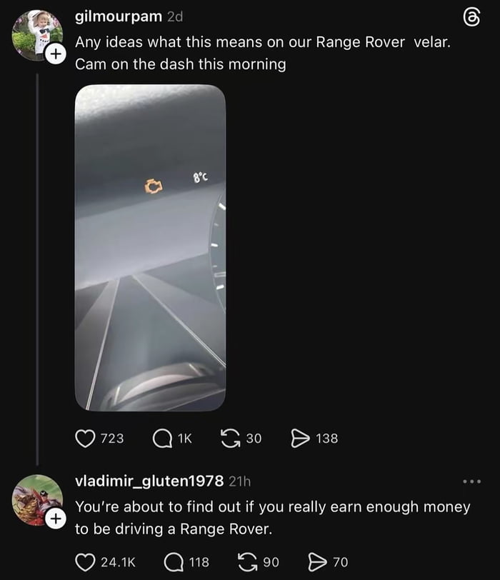 A screenshot of a social media post by user 'gilmourpam' (posted 2 days ago) asking for help identifying a yellow warning light on their Range Rover Velar's dashboard. The post includes an image of the car's dashboard showing the warning icon and a temperature reading of 8°C. Below the post, a top comment from 'vladimir_gluten1978' (21 hours ago) humorously responds with sarcasm: 'You're about to find out if you really earn enough money to be driving a Range Rover.' The post has 723 likes, 1K comments, 30 shares, and 138 saves, indicating engagement around the relatable car issue and the witty reply.