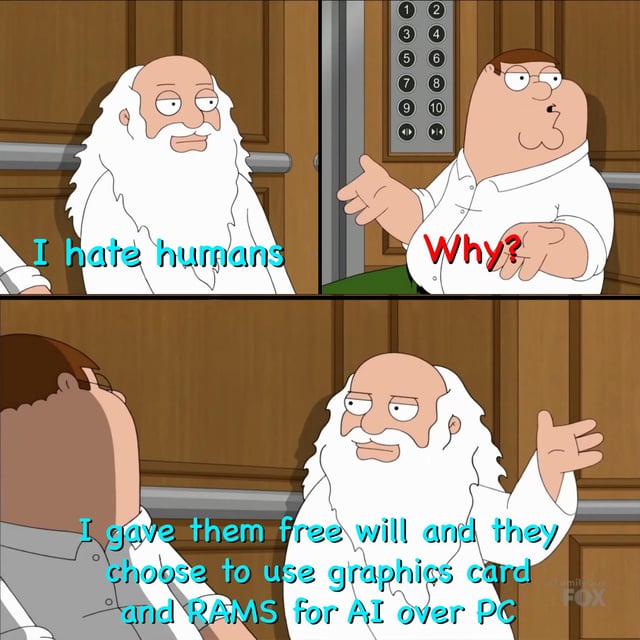 This is a 3-panel edited meme from the animated sitcom *Family Guy*. In the first panel, a character parodying God (with a long white beard and weary expression) states, "I hate humans" while standing in an elevator. The second panel shows Peter Griffin, a main character from *Family Guy*, gesturing with his hand and asking, "Why?" in the same elevator setting. The third panel features God responding with disapproval: "I gave them free will and they choose to use graphics card and RAMS for AI over PC". The joke satirizes the recent trend of high-end graphics processing units (GPUs) and RAM being heavily purchased for AI model training and deployment, which has caused shortages and price hikes for PC gamers. The humor comes from framing this hardware shift as a divine disappointment, leveraging the familiar *Family Guy* character dynamic to create a relatable joke for tech and gaming communities.