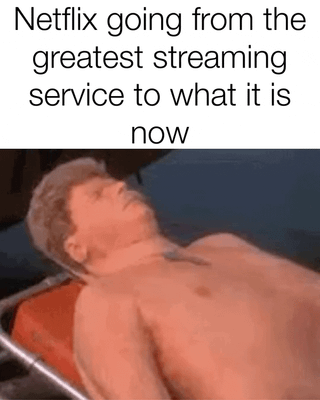 This animated meme uses a glitchy 3D animation of a shirtless man on a gurney whose head slowly detaches from his body, falls off, then reattaches, paired with the text 'Netflix going from the greatest streaming service to what it is now'. The grotesque visual of the head falling off is used to humorously represent the severe decline of Netflix from its peak as the top streaming service, referencing unpopular changes like price hikes that brought standard subscriptions to $20 a month, cracking down on password sharing, and losing large amounts of popular content that have made the service much worse for consumers than it used to be.