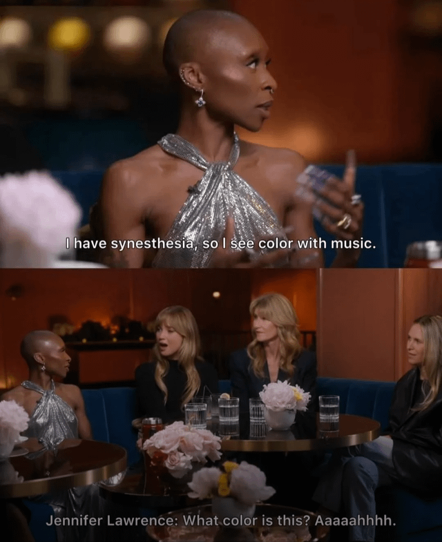 A two-panel meme screenshot. The top panel shows a person in a silver halter dress gesturing while saying, 'I have synesthesia, so I see color with music.' The bottom panel features Jennifer Lawrence sitting with others, exclaiming, 'What color is this? Aaaaaahhhh,' capturing a humorous and exaggerated reaction to the synesthesia explanation.